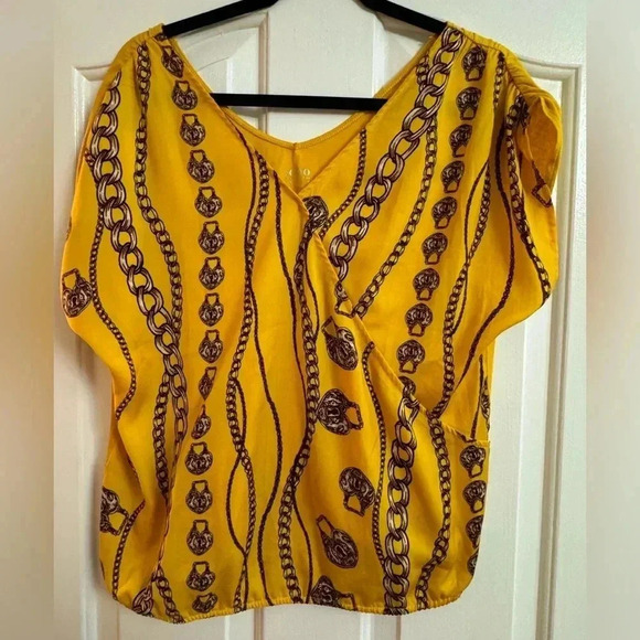 Vneck Chain Lock & Key Heart Print Sonoma Blouse Medium Top Ruched Romantic - Picture 1 of 10